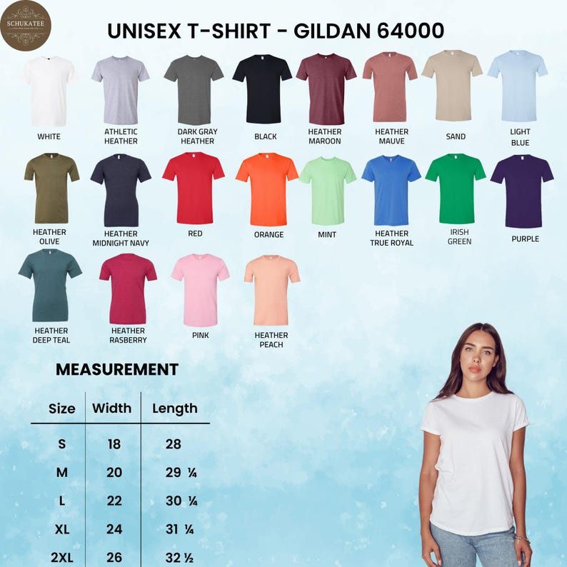May include: A product image showcasing a variety of Gildan 64000 unisex t-shirts in various colors, including white, black, and heather shades. The image also includes a size chart with measurements in inches, ranging from S to 2XL.