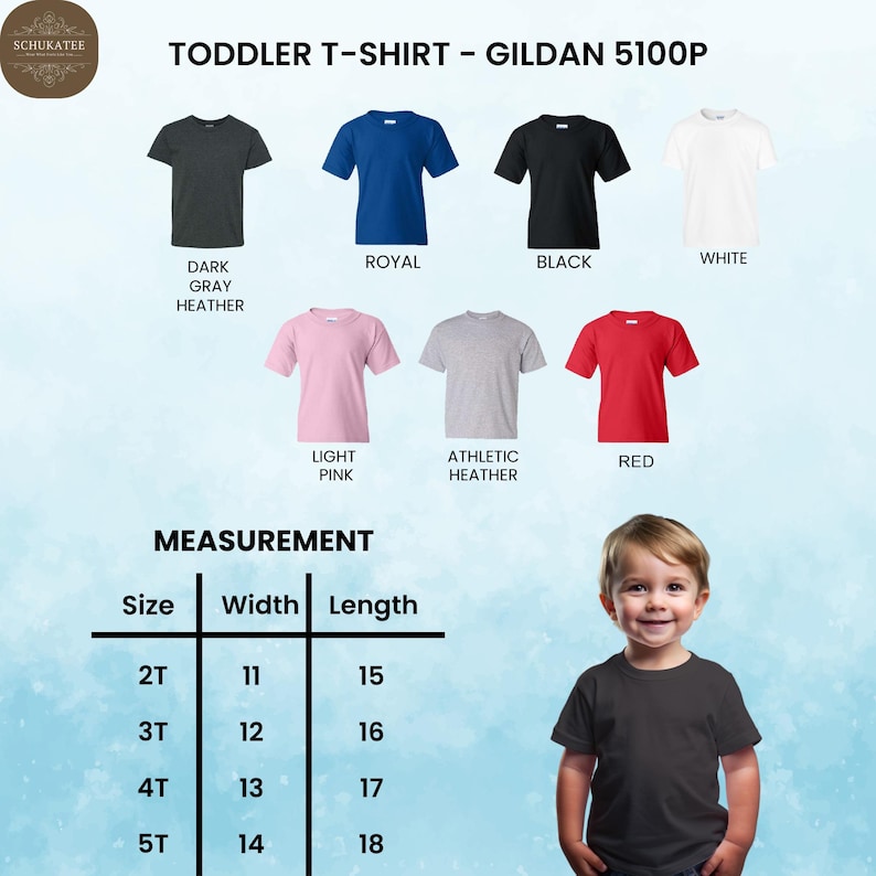 May include: A toddler t-shirt in various colors, including dark gray heather, royal blue, black, white, light pink, athletic heather, and red. The image includes a size chart with measurements in inches and a young child wearing a dark gray t-shirt.