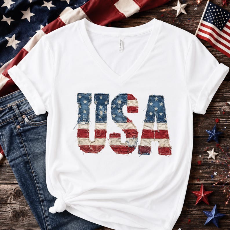 Op de afbeelding: Witte V-hals T-shirt met het woord "USA" in een distressed Amerikaans vlagontwerp. De letters zijn blauw met witte sterren en rode strepen. Het shirt ligt op een houten oppervlak met patriottische decoraties.