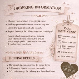 May include: A beige graphic with the text "ORDERING INFORMATION" and "CARE INSTRUCTIONS". The care instructions include symbols for machine wash cold, tumble dry low, turn garment inside out, do not bleach, and do not dry clean.