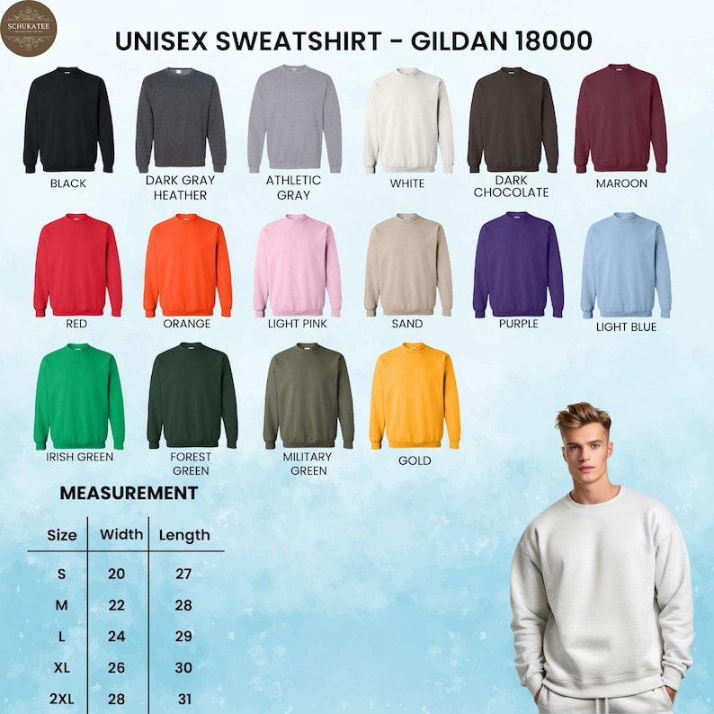 May include: A display of Gildan 18000 unisex sweatshirts in various colors, including black, gray, red, and green. The image also shows a size chart with measurements in inches and a person wearing a white sweatshirt.