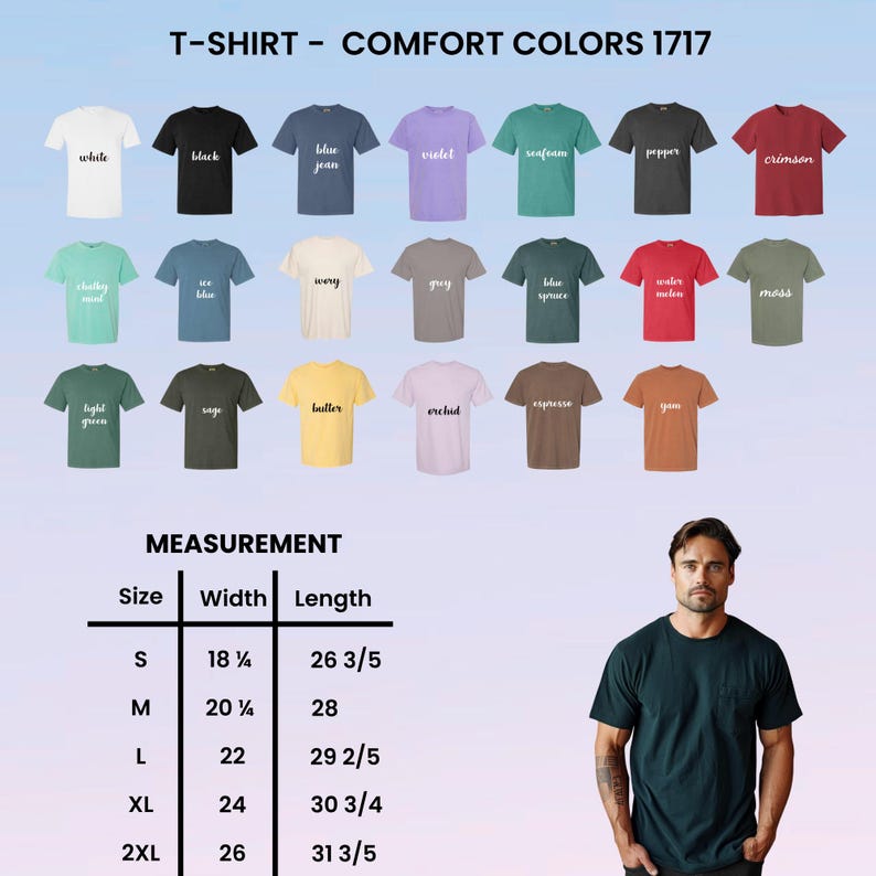 Puede incluir: Una exhibici&oacute;n de camisetas Comfort Colors 1717 en varios colores, incluyendo blanco, negro y azul vaquero. La imagen tambi&eacute;n muestra una tabla de medidas con tallas de la S a la 2XL. Los anchos var&iacute;an de 46.3 cm a 66 cm, y los largos de 67.6 cm a 80.9 cm.