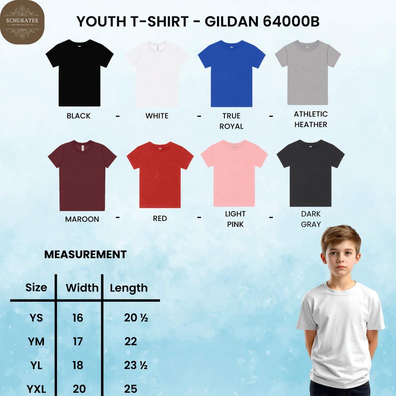 May include: A product image showcasing a variety of youth t-shirts in different colors, including black, white, true royal, athletic heather, maroon, red, light pink, and dark gray. The image also includes a measurement chart with sizes and dimensions in inches.