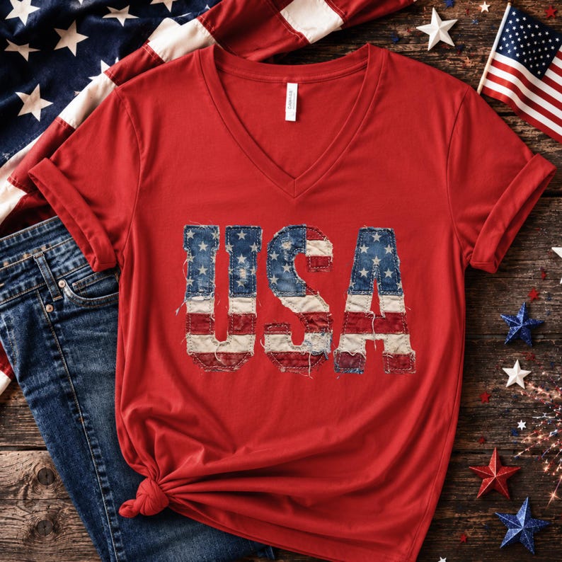 Op de afbeelding: Rood V-hals T-shirt met het woord "USA" in een distressed, patriottisch ontwerp. De letters zijn zo ontworpen dat ze op de Amerikaanse vlag lijken. Het shirt heeft opgerolde mouwen en een knoop aan de onderkant. De achtergrond omvat een spijkerbroek en de Amerikaanse vlag.