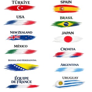 May include: A collection of brushstroke-style flags representing various countries. The flags include the USA, Spain, Brazil, Japan, Croatia, Argentina, and others. Each flag is depicted with its respective colors and design, with the country's name above.