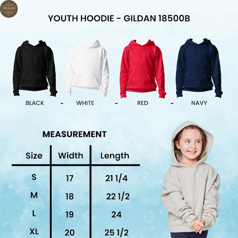 May include: Youth hoodies in black, white, red, and navy blue. The image includes a measurement chart with sizes S, M, L, and XL, with corresponding width and length measurements in inches. The text "YOUTH HOODIE - GILDAN 18500B" is also visible.