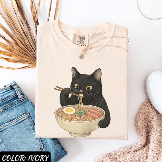 Comfort Colors Cat Rahmen Unisex T-shirt, Cat Eating Ramen Funny Shirt, Graphic Tee for Cat Lovers, Vintage Kitty Top, Cool Casual Cat