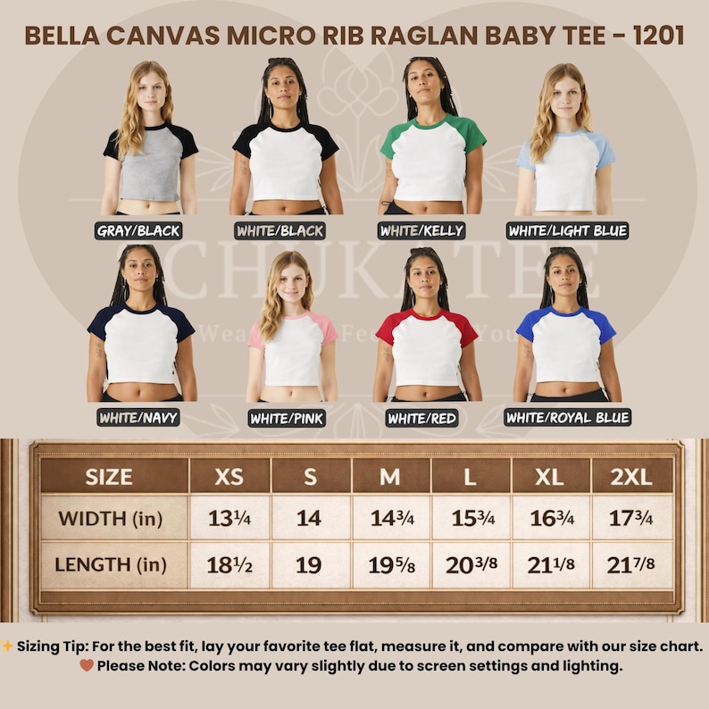 May include: A Bella Canvas Micro Rib Raglan baby tee in various colors, including gray/black, white/black, white/kelly, and white/light blue. The image also shows size charts with measurements in inches for width and length.