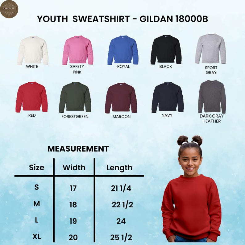 May include: A youth sweatshirt in various colors, including white, pink, royal blue, black, and red. The image displays a measurement chart with sizes S-XL, widths from 17-20 inches, and lengths from 21 1/4 to 25 1/2 inches. The text reads "YOUTH SWEATSHIRT - GILDAN 18000B."
