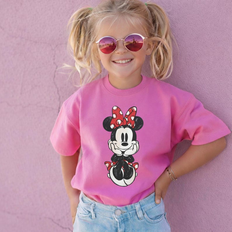 May include: A pink sweatshirt featuring a Minnie Mouse graphic. The graphic shows Minnie Mouse with a red bow with white polka dots. The child is wearing pink sunglasses and blue jeans.