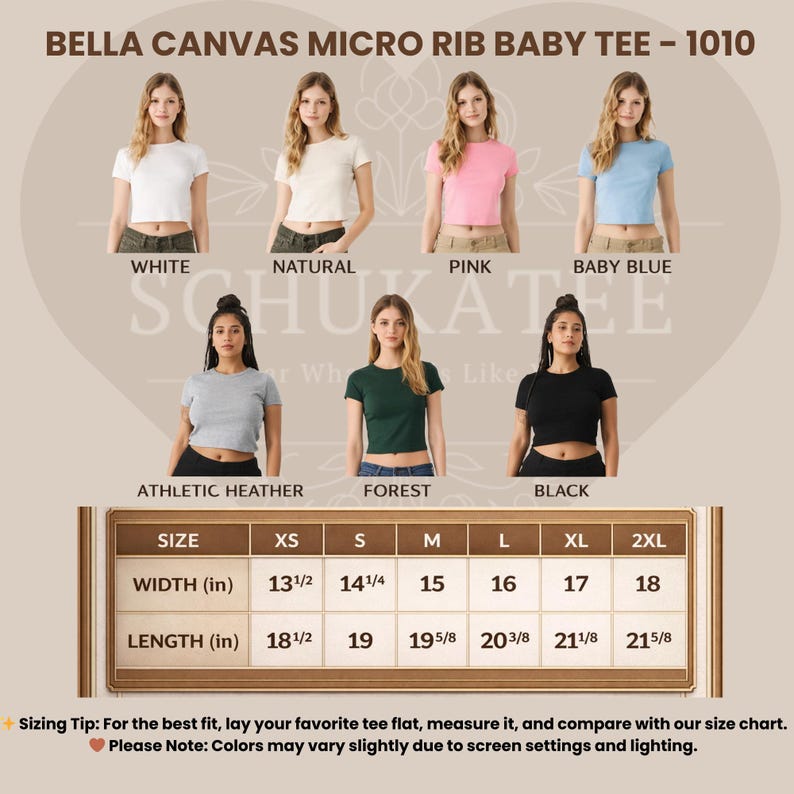 Puede incluir: Imagen de una camiseta Bella Canvas Micro Rib Baby Tee en blanco, natural, rosa, azul beb&eacute;, gris jaspeado, bosque y negro. Tabla de tallas con medidas en pulgadas, de XS a 2XL. Las medidas est&aacute;n en pulgadas.