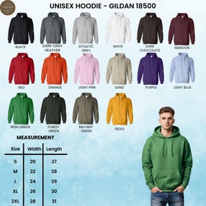 May include: A product image showcasing a variety of Gildan 18500 unisex hoodies in various colors, including black, gray, red, orange, and green. The image also includes a size chart with measurements in inches, ranging from S to 2XL.