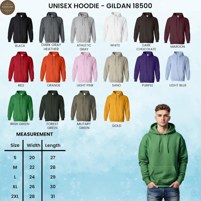 May include: A product image showcasing a variety of Gildan 18500 unisex hoodies in various colors, including black, gray, red, orange, and green. The image also includes a size chart with measurements in inches, ranging from S to 2XL.