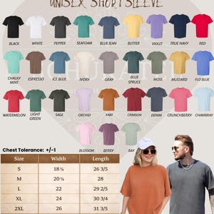 May include: A product image showcasing a variety of Comfort Colors 1717 unisex short sleeve t-shirts in various colors, including black, white, and red. A size chart is also included, with measurements in inches. The image also features two models wearing the t-shirts.