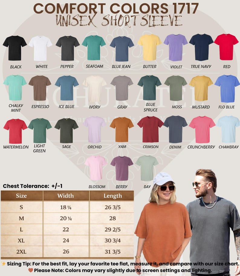 May include: A product image showcasing a variety of Comfort Colors 1717 unisex short sleeve t-shirts in various colors, including black, white, and red. A size chart is also included, with measurements in inches. The image also features two models wearing the t-shirts.