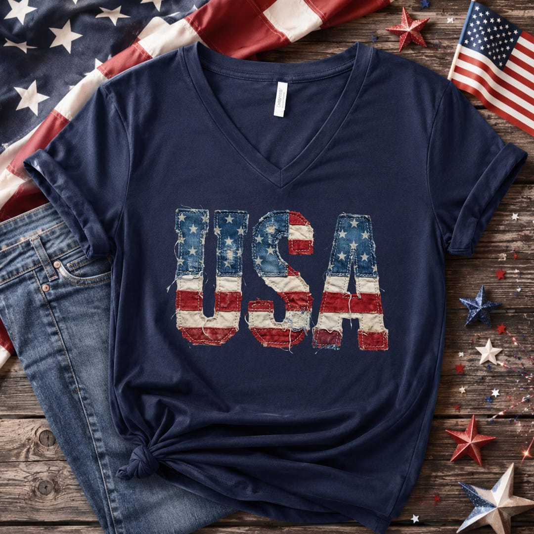 USA Faux Patchwork Bella Canvas Women V-Neck Shirt, Summer USA, Birthday Gift, America Lov