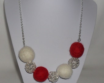 Red and cream felt ball necklace wire bead white