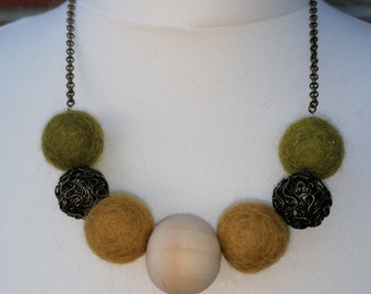 olive green mustard yellow wooden brass antique  felt ball necklace wire bead white