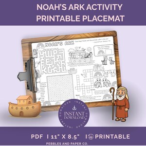Noah&#39;s Ark Activity Placemat Sheet for Kids, Christian Sunday School Printable, Bible Story Noah & Animals Colouring and Activity Page