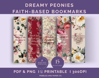 Floral Peony Scripture Bookmarks, Christian Gift (Printable PNG + PDF)