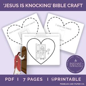 Puede incluir: Manualidad bíblica imprimible con el texto "Jesús está llamando". La imagen presenta dibujos lineales de Jesús, una puerta y una llave, junto con contornos en forma de corazón y las palabras "¿Quién llama?" y "Abro mi corazón".