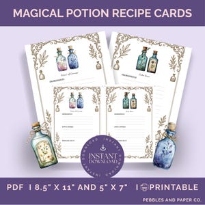May include: Magical potion recipe cards with botanical illustrations. The cards feature potion bottles with ingredients, and the text "Potion of Courage" and "Calm Brew". The cards are available in 8.5" x 11" and 5" x 7" sizes.
