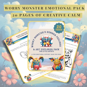 May include: A Worry Monster Emotional Pack for little artists. The pack includes 20 pages of creative calm, with coloring pages and art explorer activities. The cover features colorful monster illustrations and the text "Worry Monster's Summer Feelings".