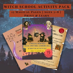 Puede incluir: Un paquete de actividades de Witch School con 15 páginas mágicas para niños de 5 a 8 años. El conjunto imprimible incluye aprendizaje socioemocional y actividades creativas. La portada presenta brujas, un caldero y el texto "Print & Learn."