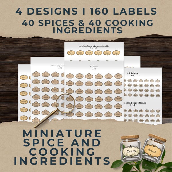 Etiquetas imprimibles de especias para comestibles de casa de muñecas, etiquetas de comida en miniatura, descarga digital, PDF para decoración y entretenimiento, hierbas, ingredientes de cocina, vintage