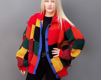 Handmade patchwork cardigan Oversized cardigan Chunky knit sweater Rainbow cardigan Chunky cardigan