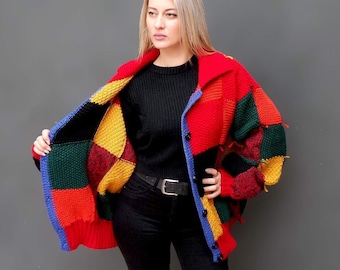 Patchwork cardigan Chunky knit sweater Alpaca wool cardigan