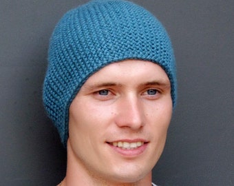 Blue fitted beanie Fisherman beanie Knit beanie Winter toque Knitted hat Alpaca beanie Fisherman hat Alpaca gifts Soft crochet hat for men