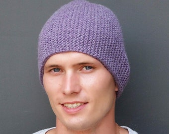 Fisherman beanie Wool hat men Handmade gift Fitted hat Purple beanie wool