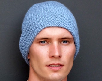 Mens beanie Alpaca hat Fisherman beanie Knit chemo hat Sky Blue mens hat Wool ski hat 30th birthday gift for men Fitted beanie hat