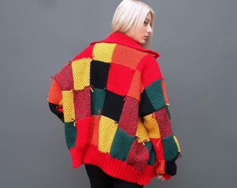 Handmade cardigan Knitwear women Color block cardigan 16th birthday gift Ready to ship