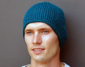 Handmade alpaca hat Fisherman beanie Teal knit hat Mens wool hat