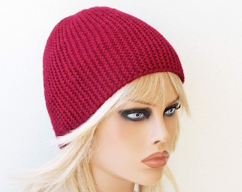 Burgundy knit hat Fitted beanie Handmade alpaca hat Cute beanie Wool hat women