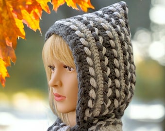 Wool bonnet Crochet pixie hat Hooded scarf Gnome hat