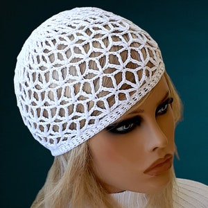 White lace hat Vintage style beanie Handmade crochet hat Skull cap Boho beach hat