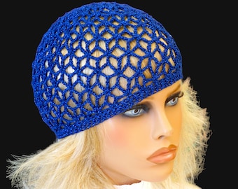 Blue summer hat Sparkly beanie Lace crochet hat Shimmer hat