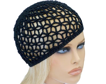 Hippy hat Mesh beanie Crochet lace hat Black skull cap