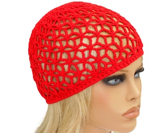 Red crochet hat  Summer beanie Handmade lace hat