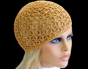 Gold beanie Crochet lace hat Summer beanie Sparkle hat