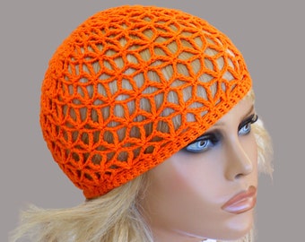 Girl summer hat Orange beach hat Crochet beanie Lace beanie