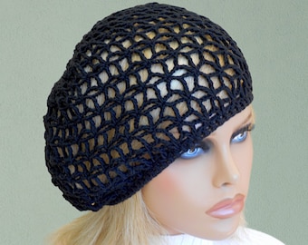 Black slouchy hat Crochet summer beret Hair net Mesh crochet hat