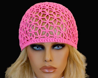 Pink summer hat Crochet beanie Fitted hat Breathable hat Mesh hat