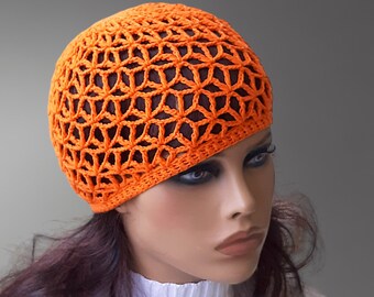 Orange lace hat  Skull cap Crochet beanie Boho beach hat