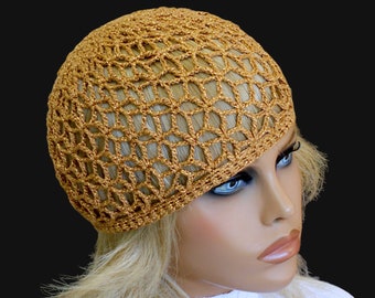 Gold sparkle hat Crochet mesh beanie Net hat Skullcap Festival hat Disko hat