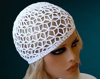 White lace hat Vintage style beanie Handmade crochet hat Skull cap Boho beach hat