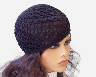 Hippy hat Mesh beanie Crochet lace hat Black skull cap